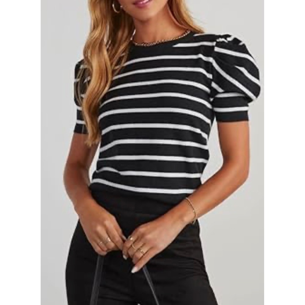 NEW Black White Striped Plus Size‎ 5XL Puff Short Sleeve Knit Top Sweater